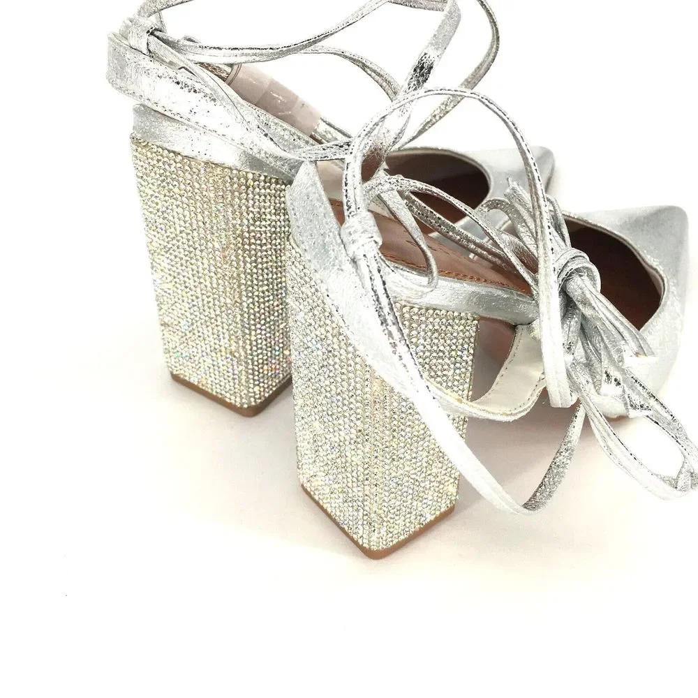 ASOS DESIGN Diamante embellished tie leg block heeled shoes in silver US 6